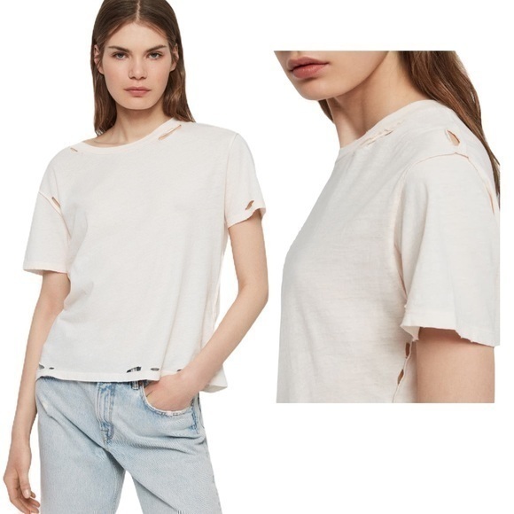 ALLSAINTS Dime Distressed Boho Coachella Ripped Holes Tshirt Pale Pink Tee - Picture 1 of 16